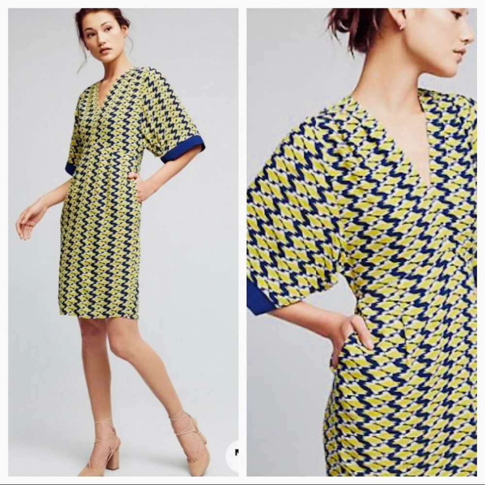 Maeve by Anthropology NWT Blue and Yellow Geometric Design Dress